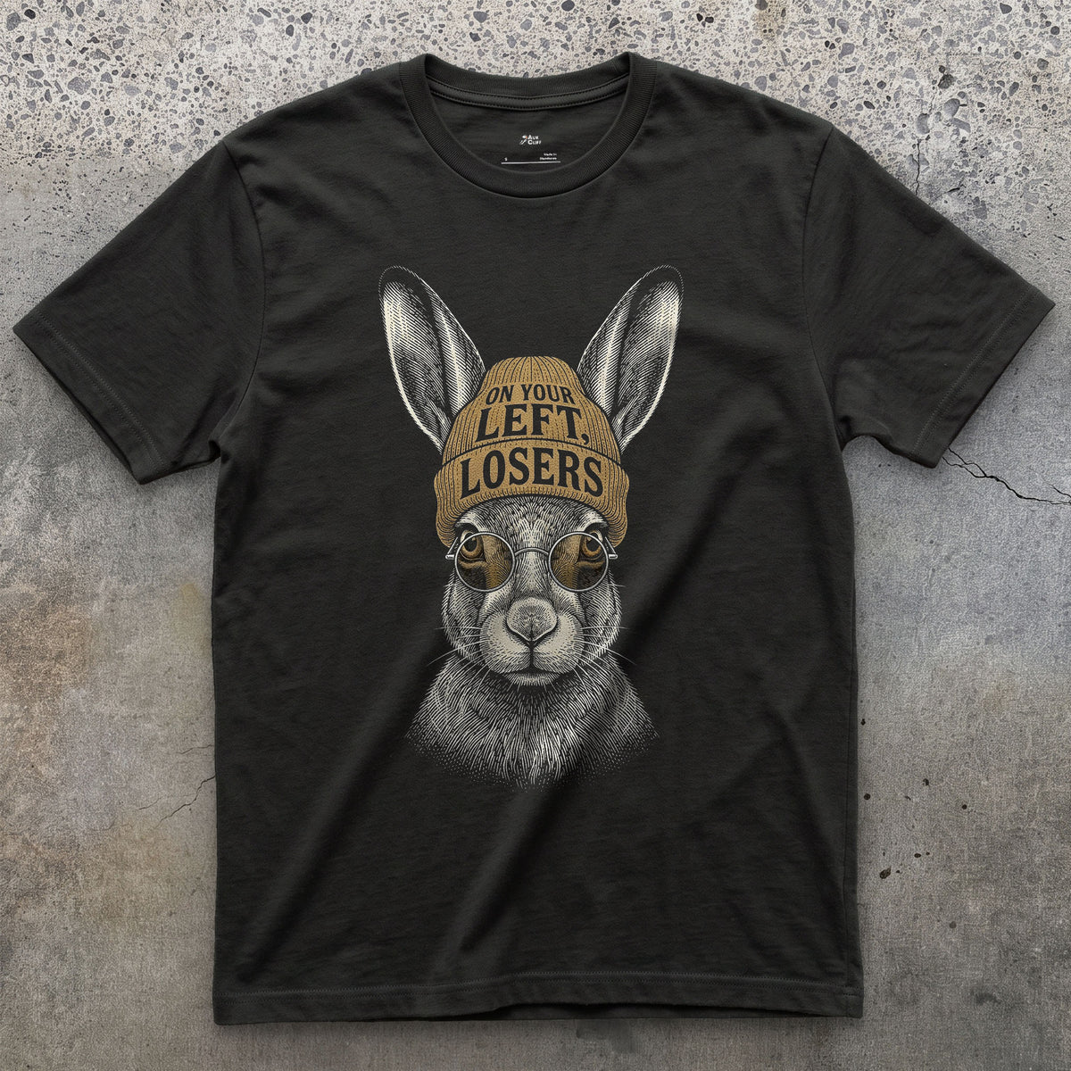 On Your Left, Losers, Brown Hare on the Trail design on a Black Gildan Softstyle t-shirt