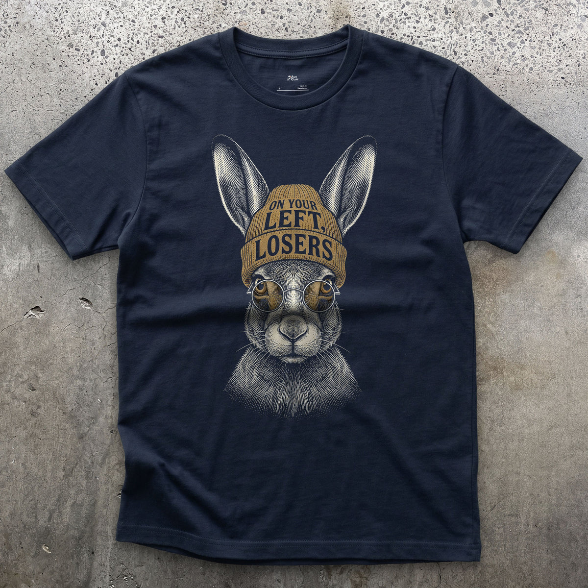On Your Left, Losers, Brown Hare on the Trail design on a Navy Gildan Softstyle t-shirt