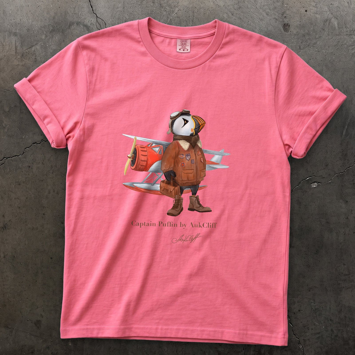 Captain Puffin Bush Pilot on a Crunchberry Comfort Colors t-shirt