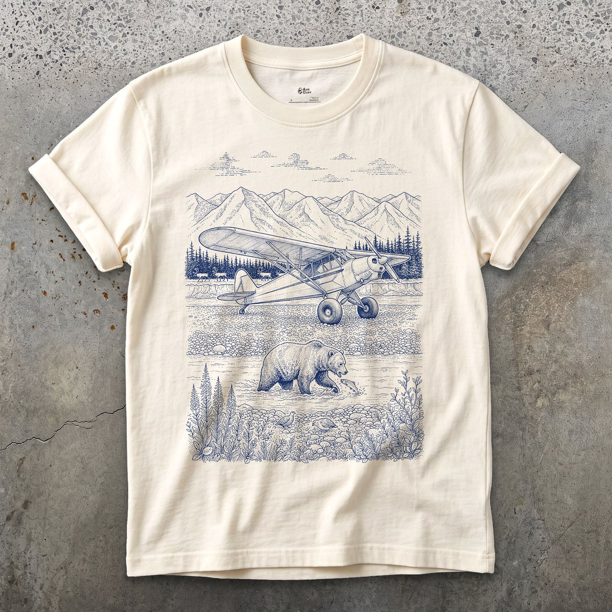 Bush Plane on the Gravel Bar design on a Natural Gildan Softstyle t-shirt