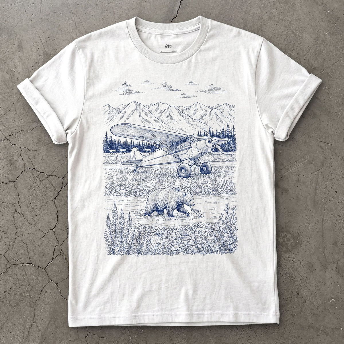 Bush Plane on the Gravel Bar design on a White Gildan Softstyle t-shirt