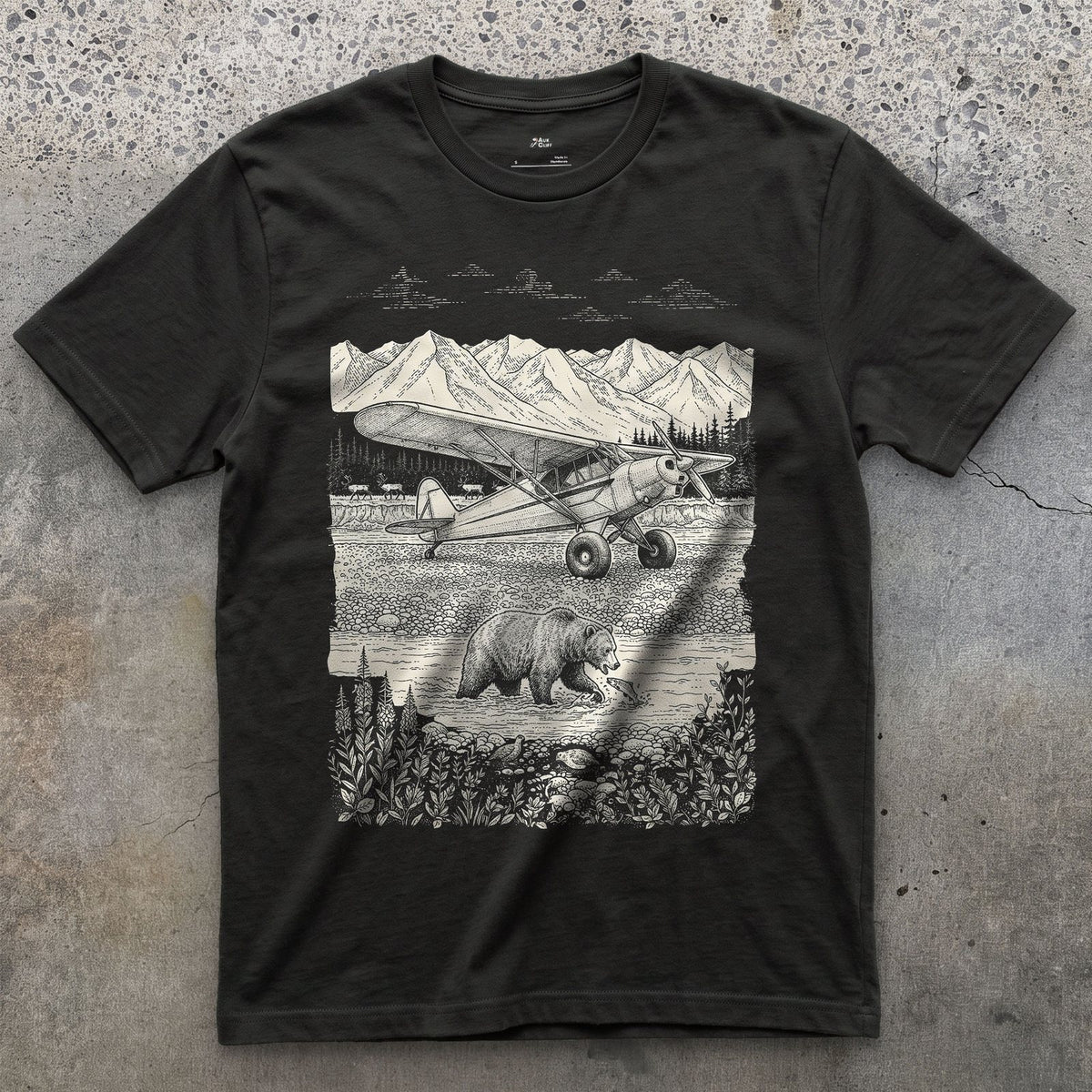 Bush Plane on the Gravel Bar design on a Black Gildan Softstyle t-shirt