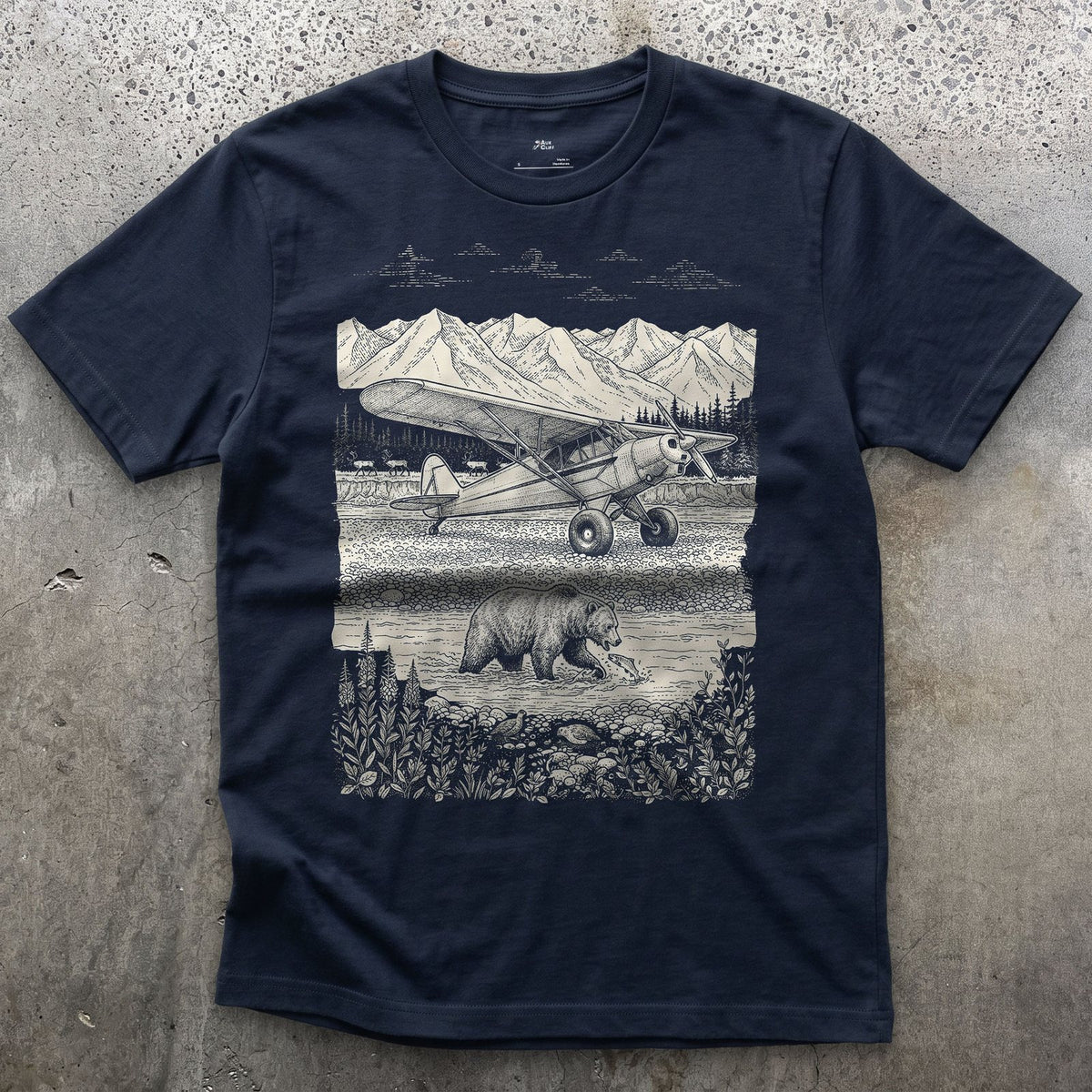 Bush Plane on the Gravel Bar design on a Navy Gildan Softstyle t-shirt