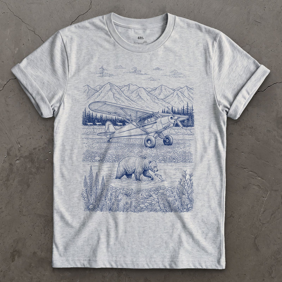 Bush Plane on the Gravel Bar design on a Sport Grey Gildan Softstyle t-shirt