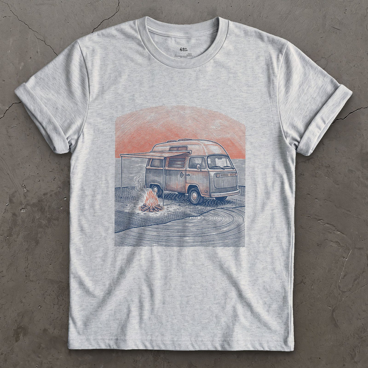 Camper Van, Pop Top Up, Embers Still Going design on a Sport Grey Gildan Softstyle t-shirt