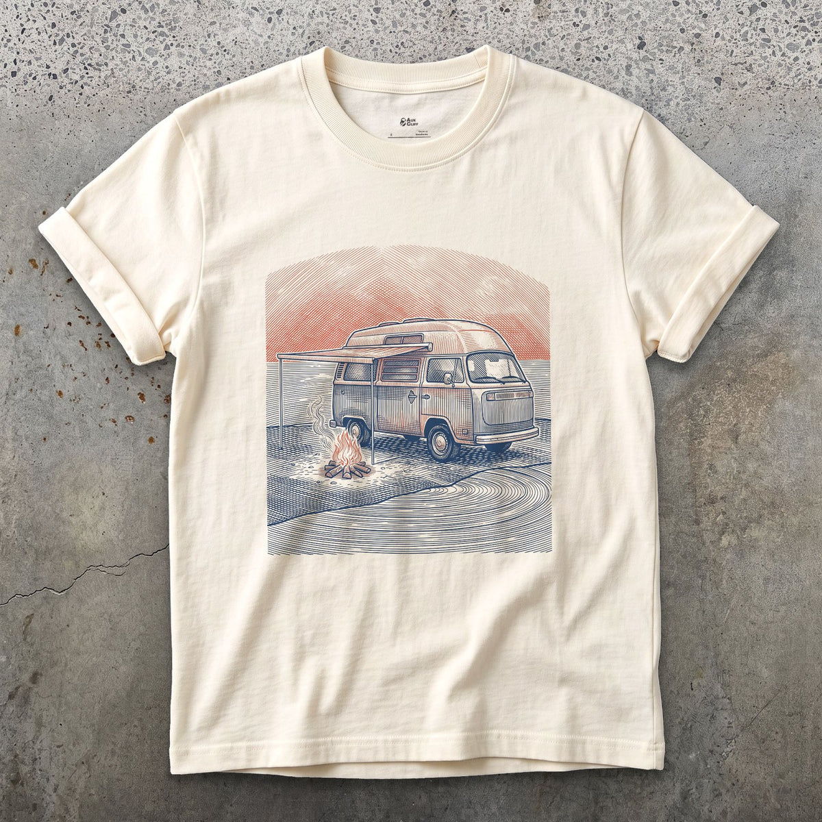 Camper Van, Pop Top Up, Embers Still Going design on a Natural Gildan Softstyle t-shirt