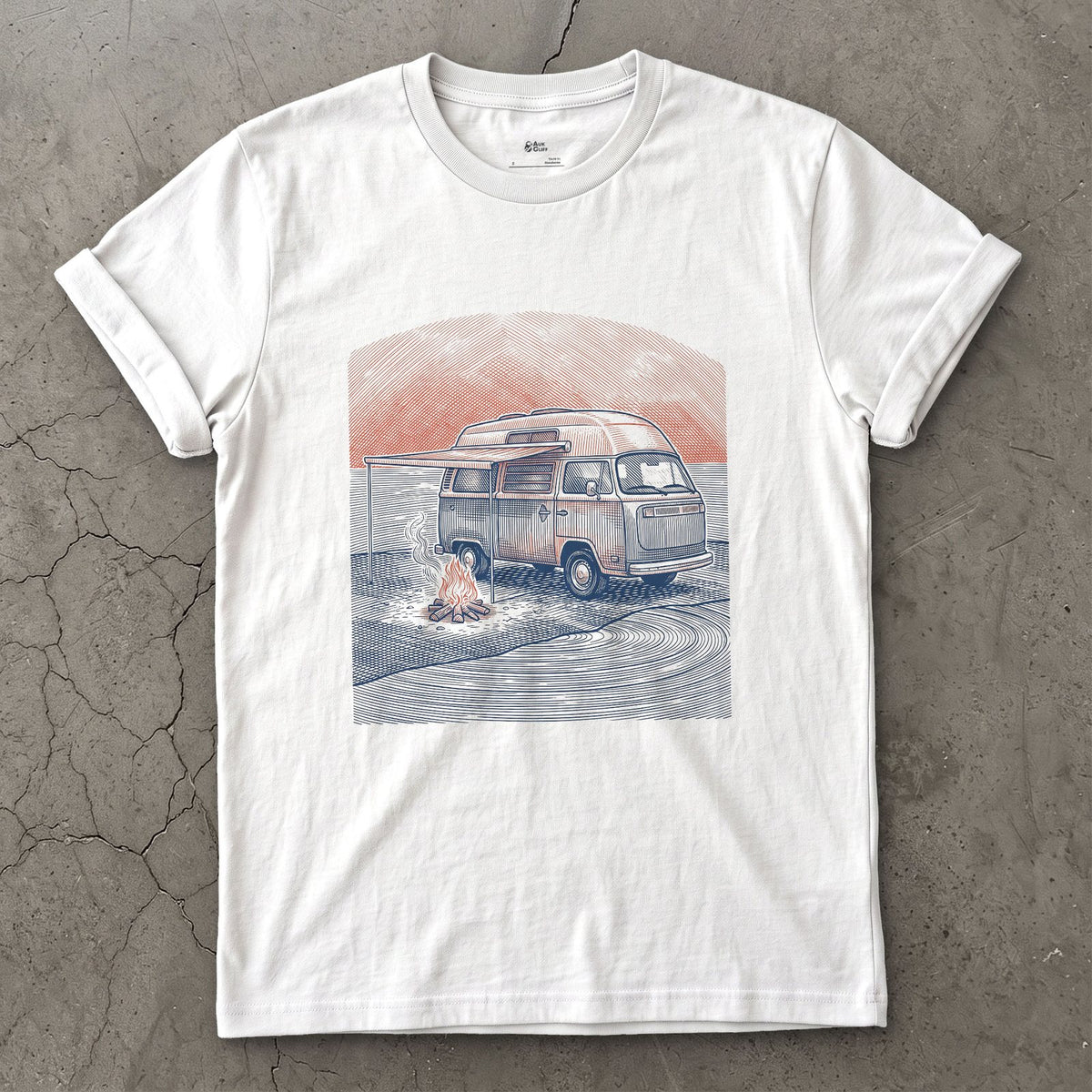Camper Van, Pop Top Up, Embers Still Going design on a White Gildan Softstyle t-shirt