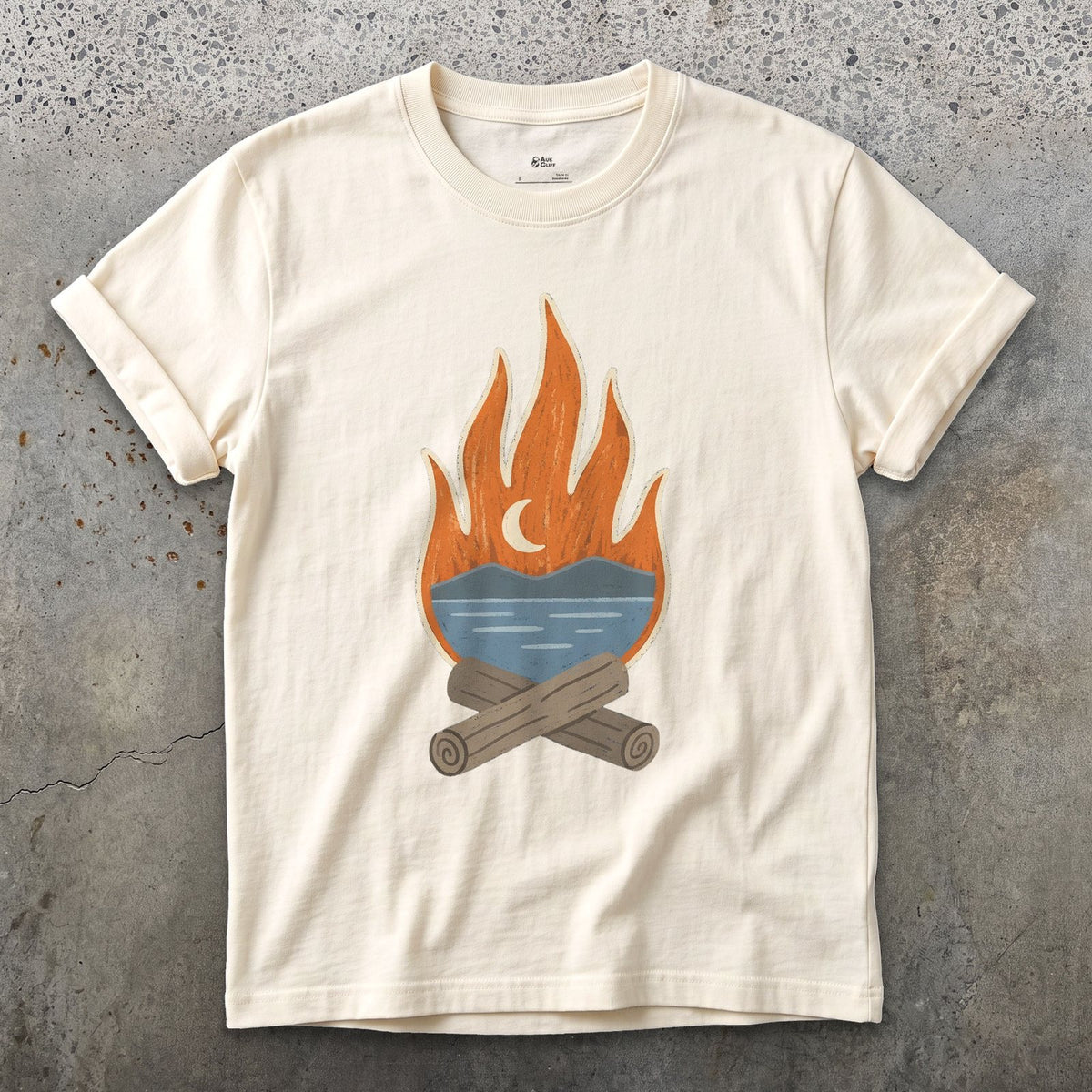 The Tarn Goes Quiet Under Firelight design on a Natural Gildan Softstyle t-shirt