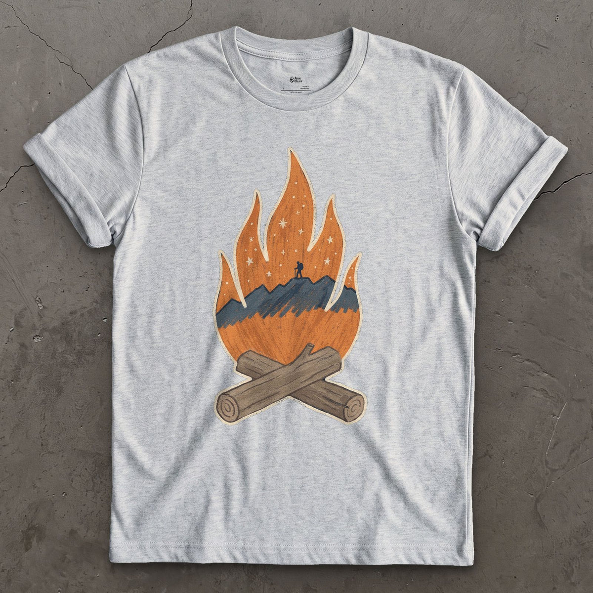 A Lone Hiker Held by Firelight design on a Sport Grey Gildan Softstyle t-shirt
