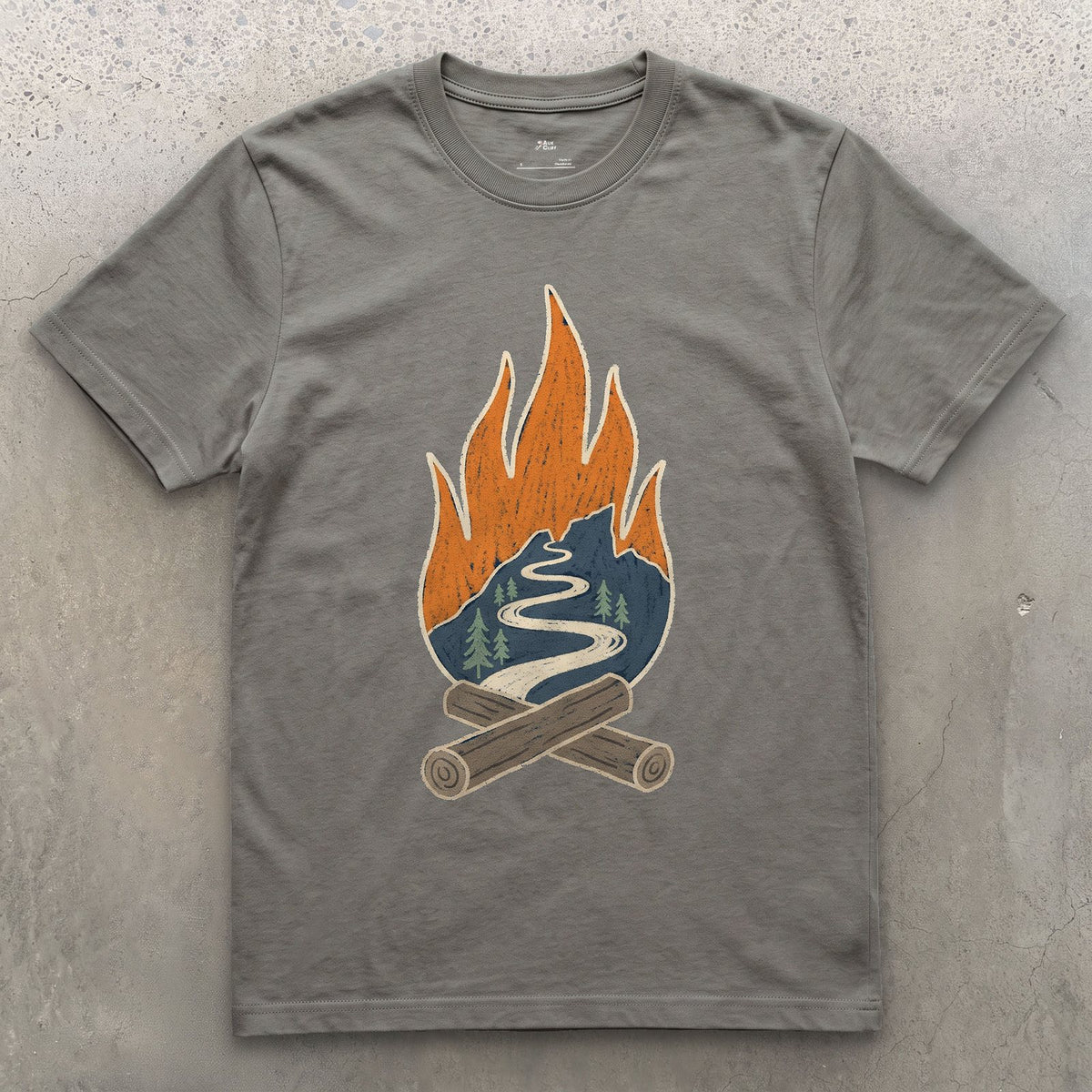 Switchback Trail Inside a Campfire Flame design on a Charcoal Gildan Softstyle t-shirt