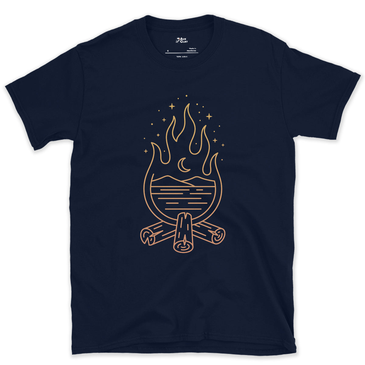 Still Water, Small Flame design on a Navy Gildan Softstyle t-shirt