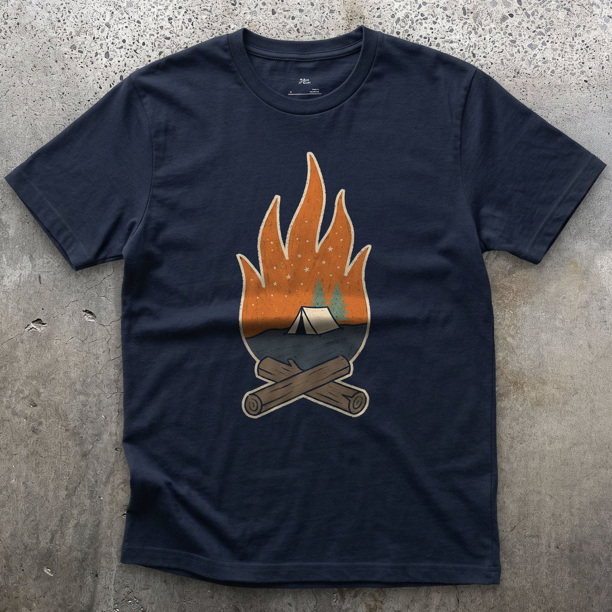 Tent Pitched, Fire Lit design on a Navy Gildan Softstyle t-shirt