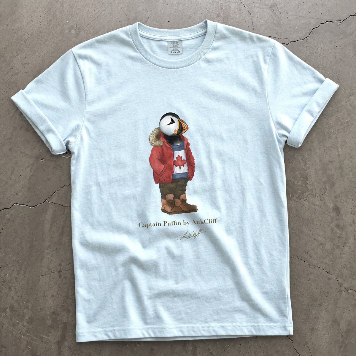 Captain Puffin Canada Trailkeeper on a Chambray Comfort Colors t-shirt