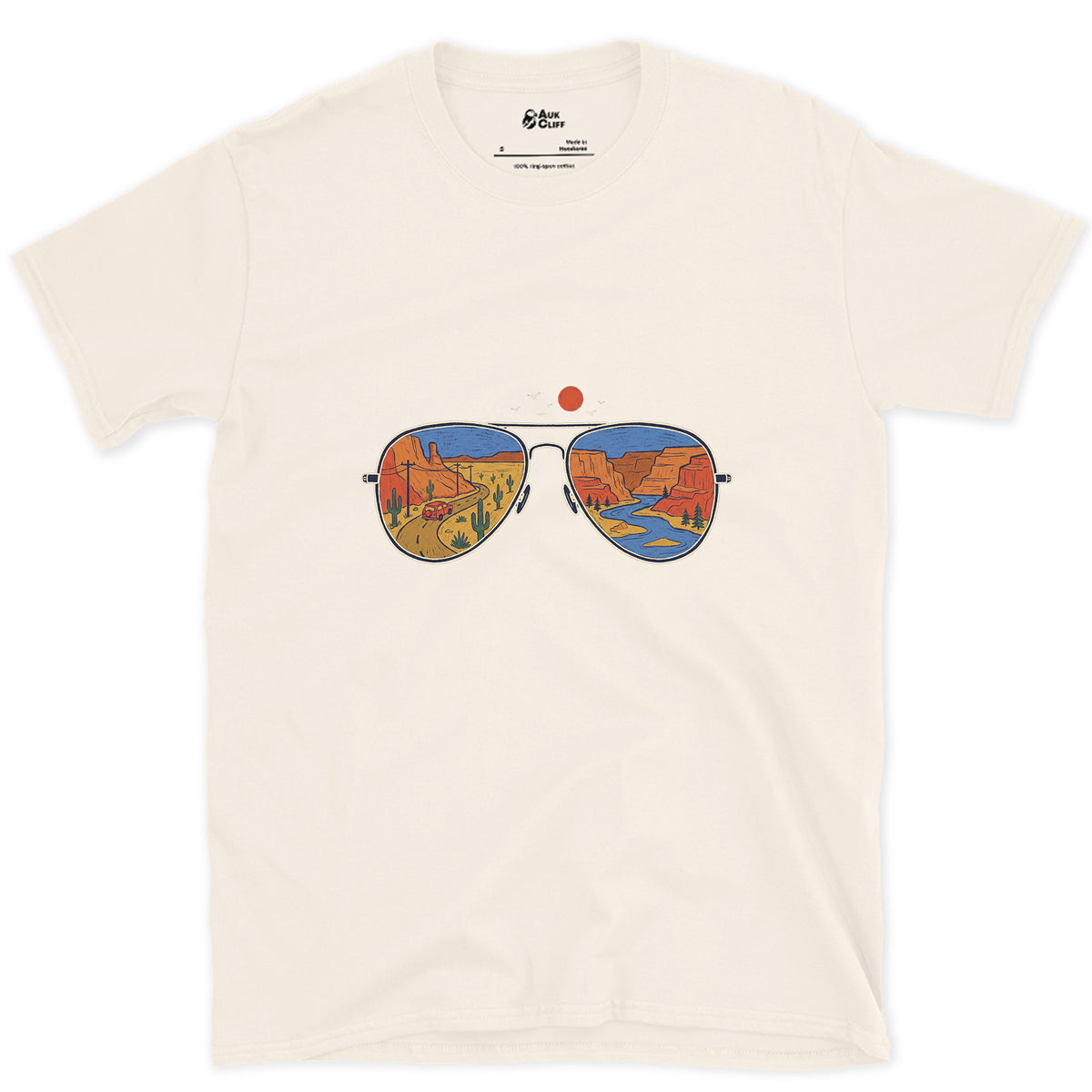 Canyon Road in the Lenses, Aviators design on a Natural Gildan Softstyle t-shirt
