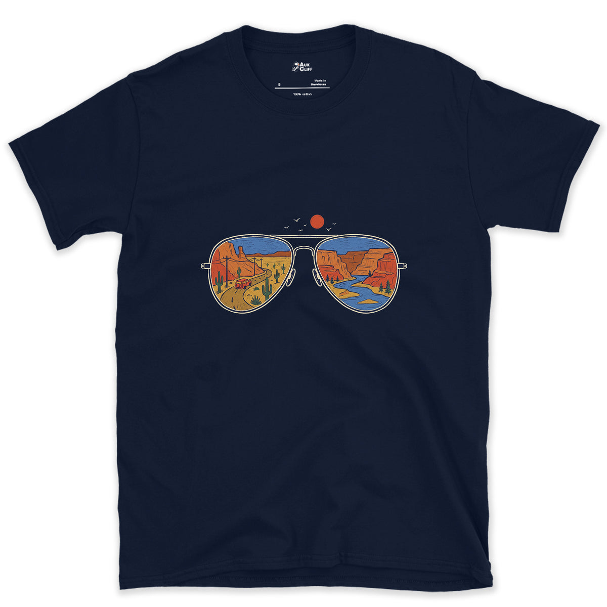 Canyon Road in the Lenses, Aviators design on a Navy Gildan Softstyle t-shirt