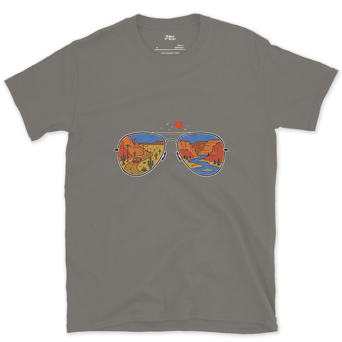 Canyon Road in the Lenses, Aviators design on a Charcoal Gildan Softstyle t-shirt