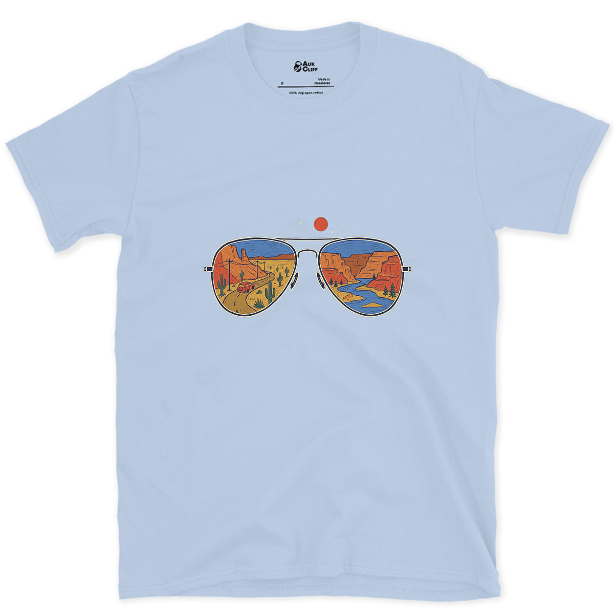 Canyon Road in the Lenses, Aviators design on a Light Blue Gildan Softstyle t-shirt