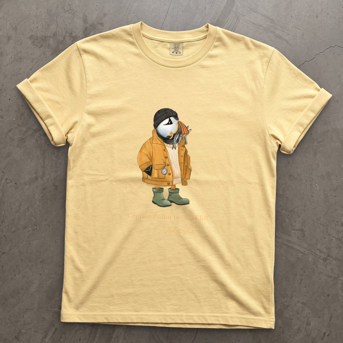 Captain Puffin Sailor Catch of the Day on a Butter Comfort Colors t-shirt
