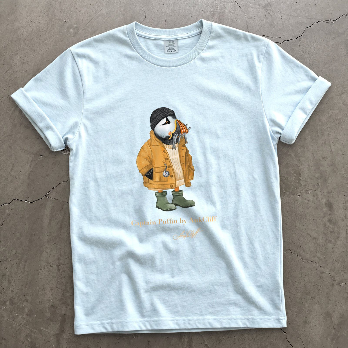 Captain Puffin Sailor Catch of the Day on a Chambray Comfort Colors t-shirt
