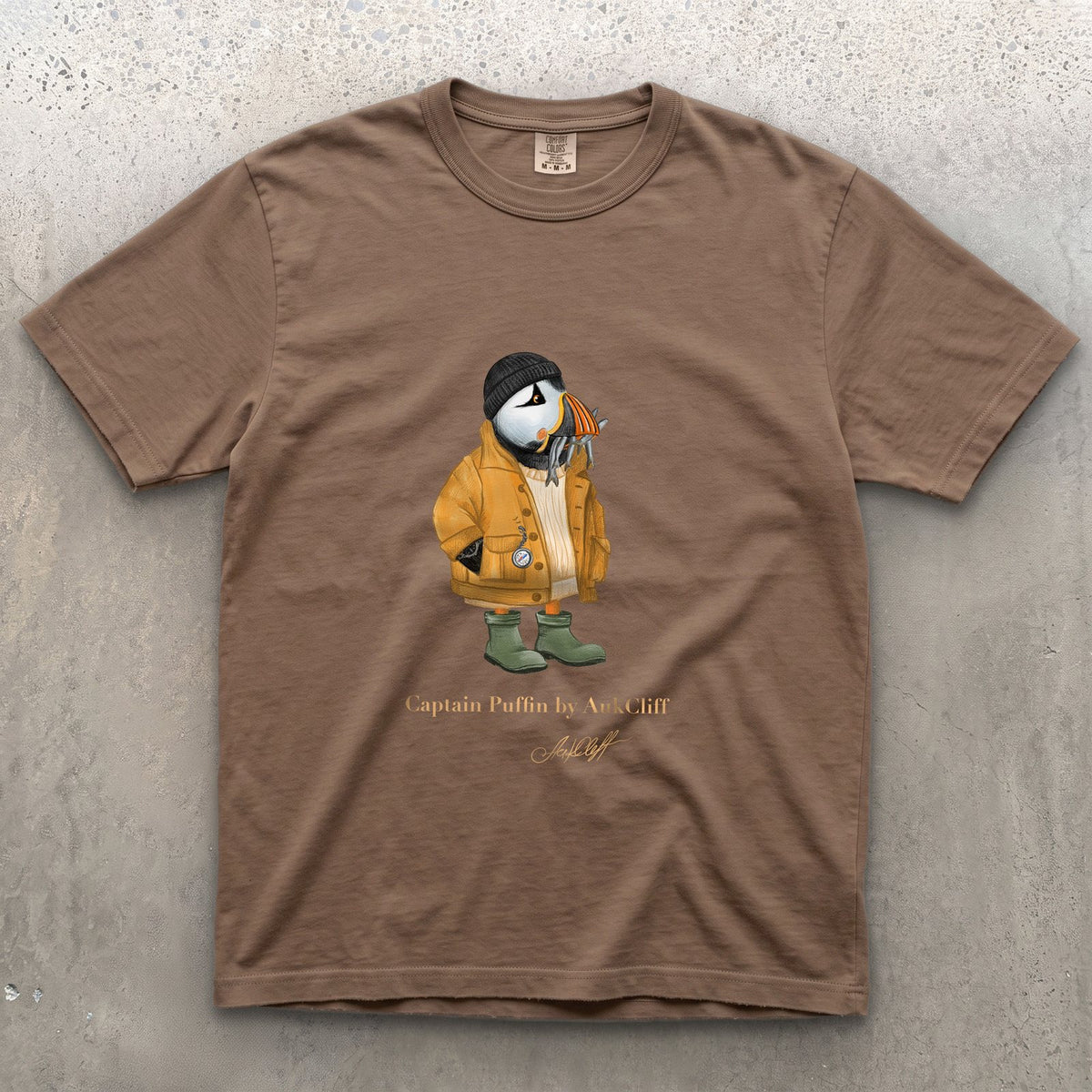 Captain Puffin Sailor Catch of the Day on a Espresso Comfort Colors t-shirt