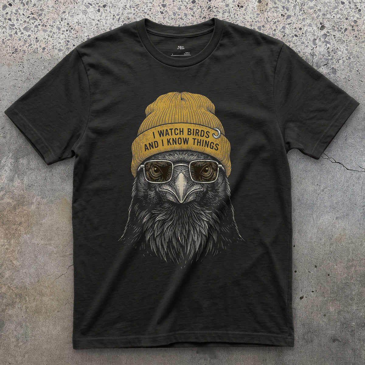 I Watch Birds and I Know Things, Carrion Crow design on a Black Gildan Softstyle t-shirt