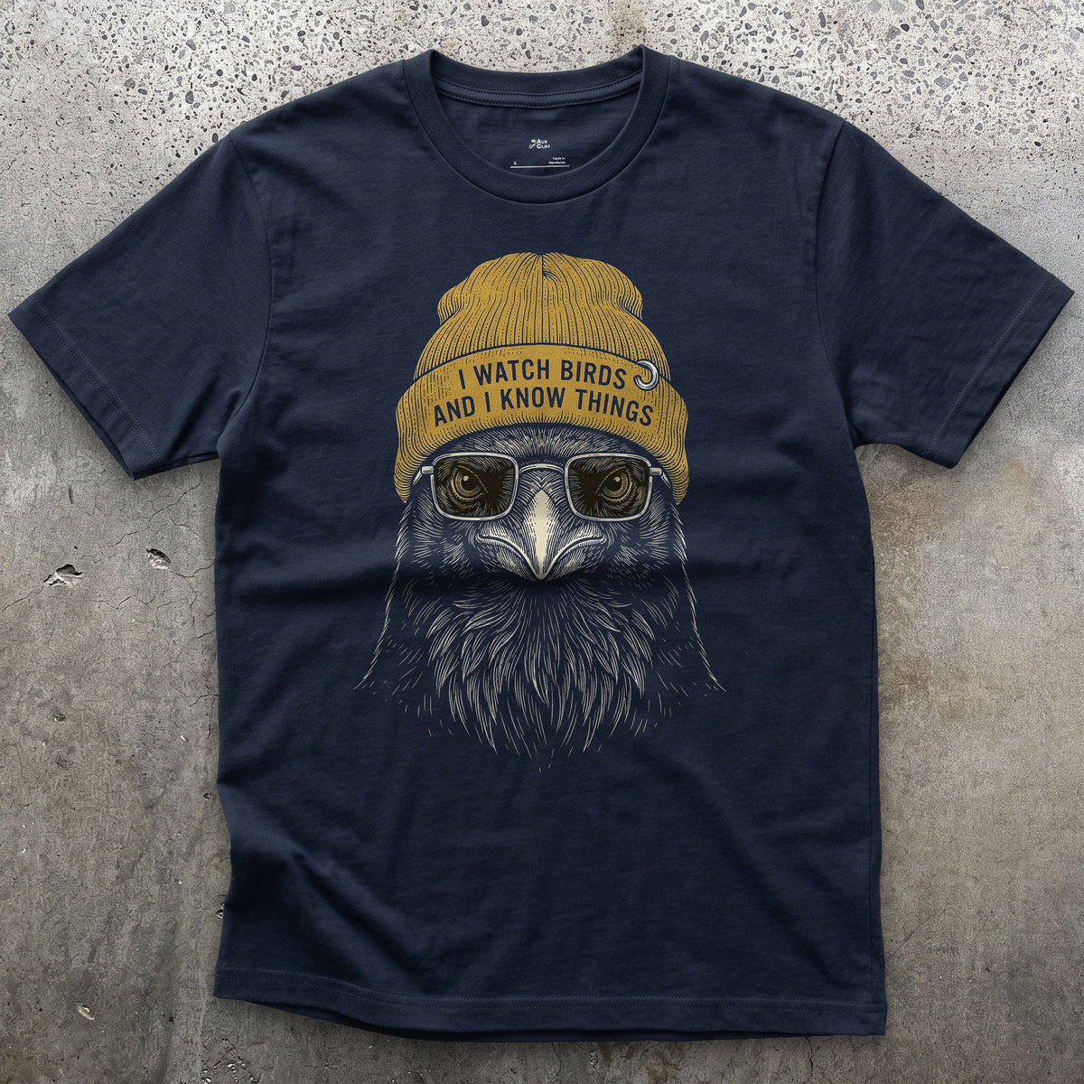 I Watch Birds and I Know Things, Carrion Crow design on a Navy Gildan Softstyle t-shirt