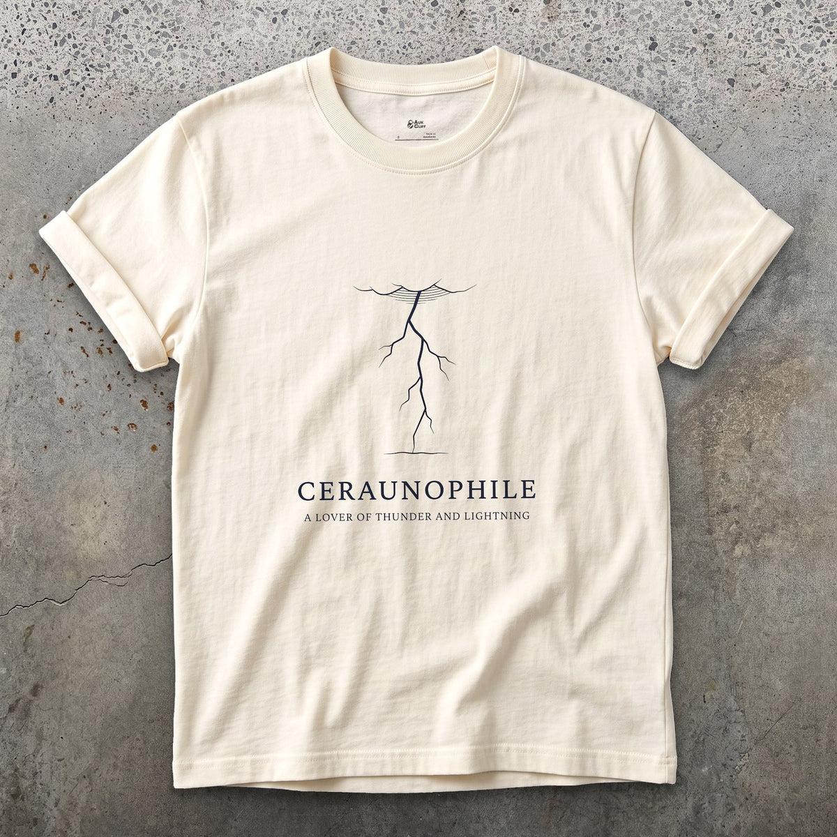 Ceraunophile, a Lover of Thunder and Lightning design on a Natural Gildan Softstyle t-shirt