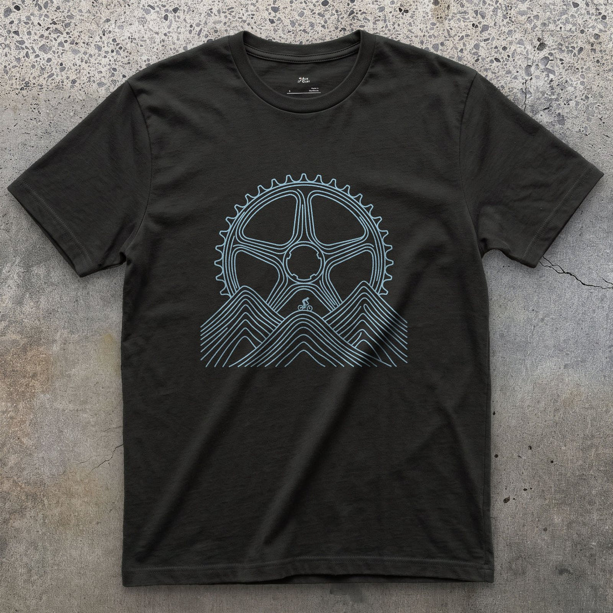 Dwarfed by Contour Lines, Chainring Sunrise design on a Black Gildan Softstyle t-shirt