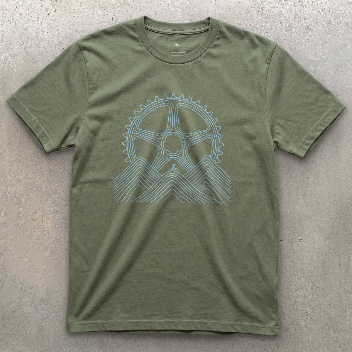 Dwarfed by Contour Lines, Chainring Sunrise design on a Military Green Gildan Softstyle t-shirt