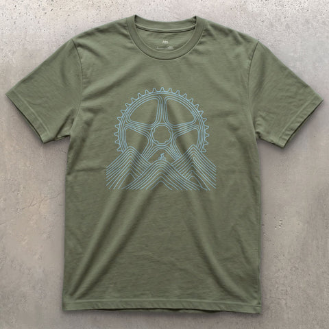Dwarfed by Contour Lines, Chainring Sunrise design on a Military Green Gildan Softstyle t-shirt