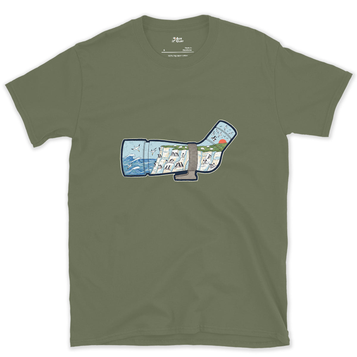 Chalk Cliffs Down the Scope design on a Military Green Gildan Softstyle t-shirt