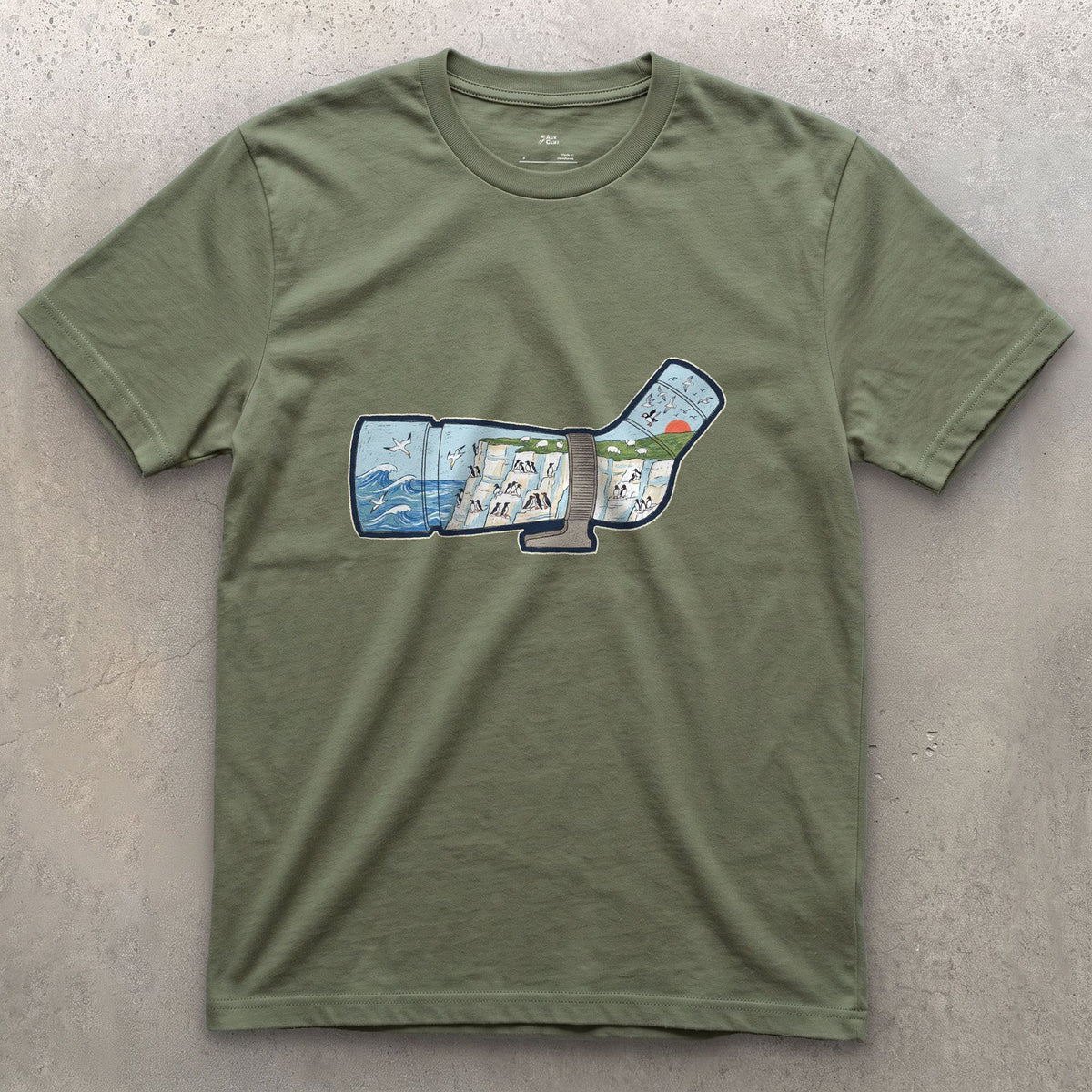 Chalk Cliffs Down the Scope design on a Military Green Gildan Softstyle t-shirt
