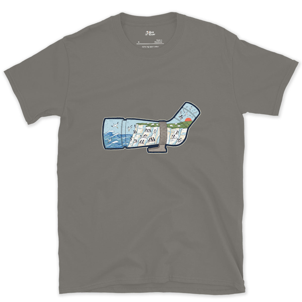 Chalk Cliffs Down the Scope design on a Charcoal Gildan Softstyle t-shirt