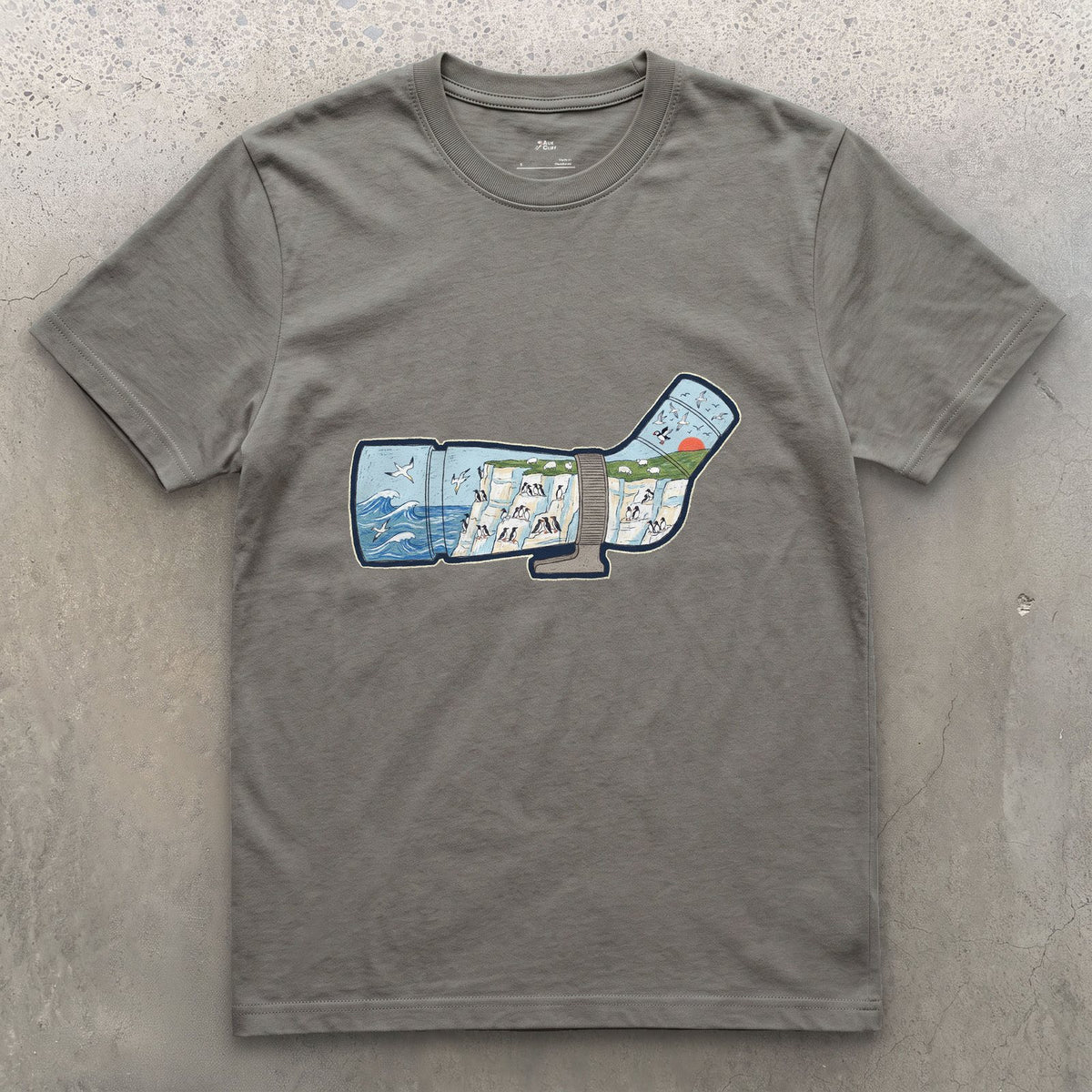 Chalk Cliffs Down the Scope design on a Charcoal Gildan Softstyle t-shirt