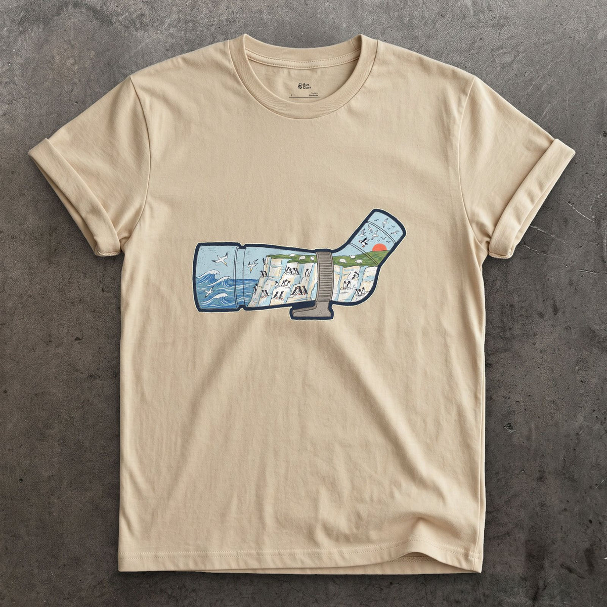 Chalk Cliffs Down the Scope design on a Sand Gildan Softstyle t-shirt