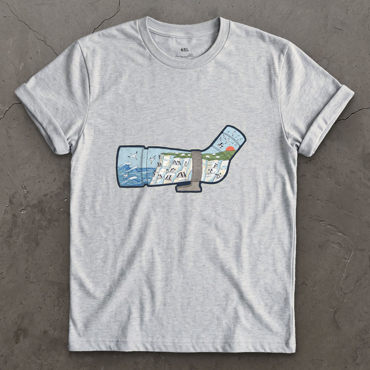 Chalk Cliffs Down the Scope design on a Sport Grey Gildan Softstyle t-shirt
