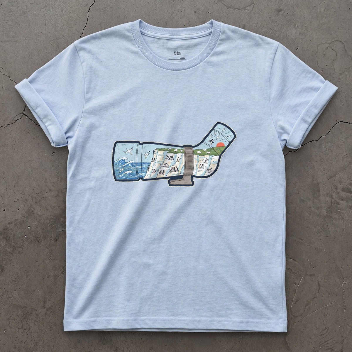 Chalk Cliffs Down the Scope design on a Light Blue Gildan Softstyle t-shirt
