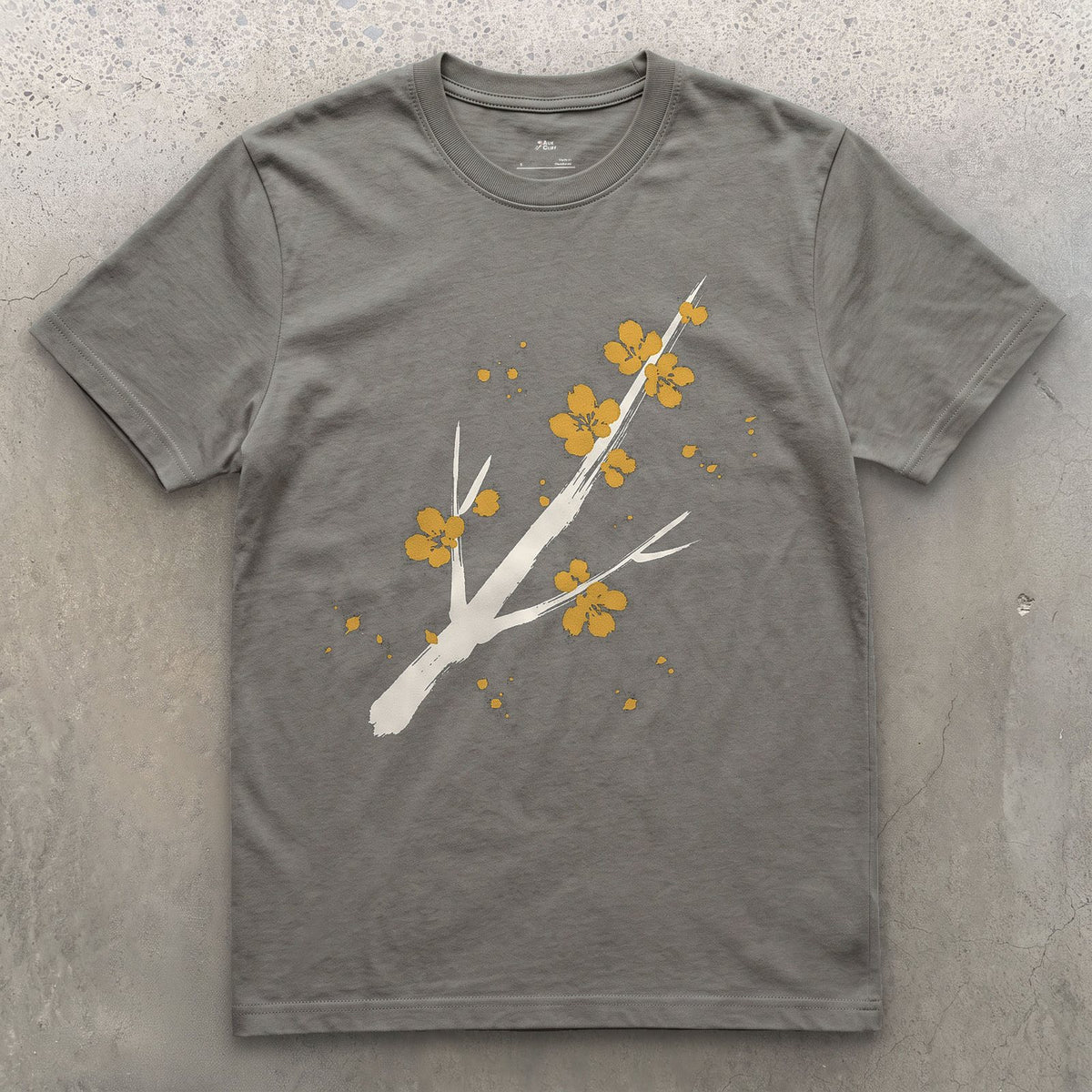 Cherry Blossom Branch design on a Charcoal Gildan Softstyle t-shirt