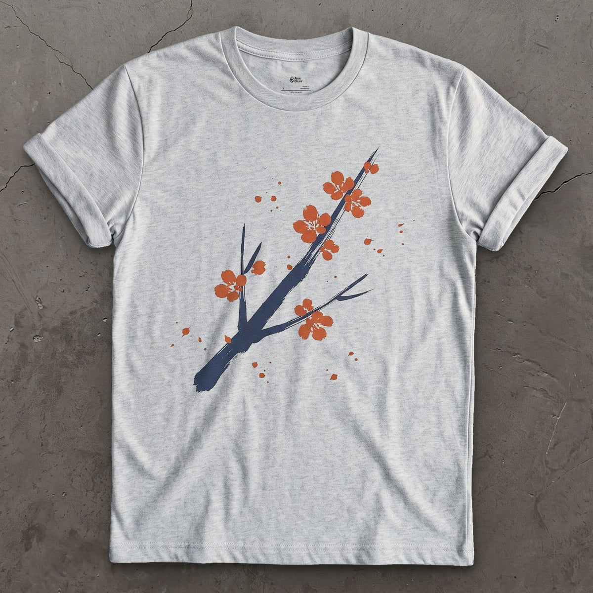 Cherry Blossom Branch design on a Sport Grey Gildan Softstyle t-shirt
