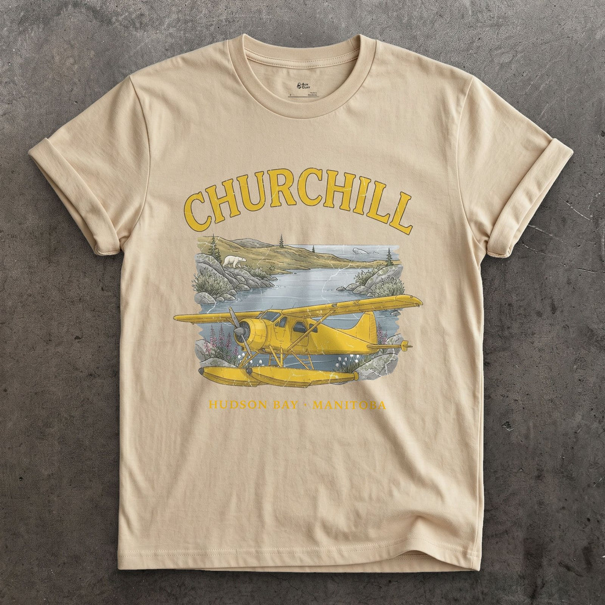 Churchill Bush Plane design on a Sand Gildan Softstyle t-shirt