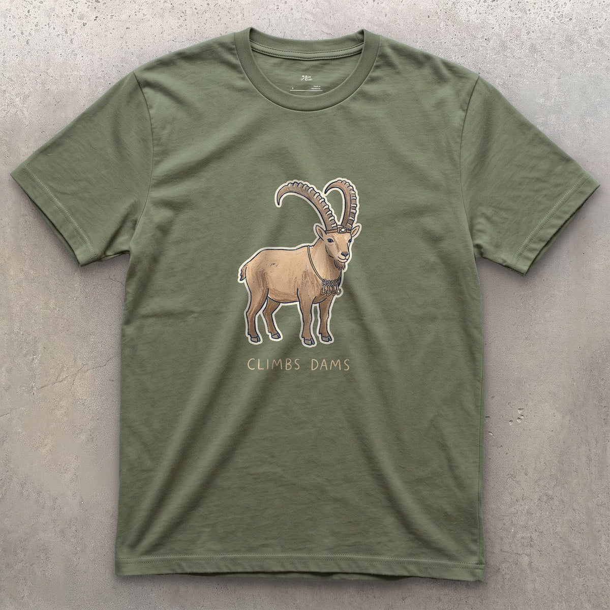 Climbs Dams, Ibex With Curved Horns design on a Military Green Gildan Softstyle t-shirt