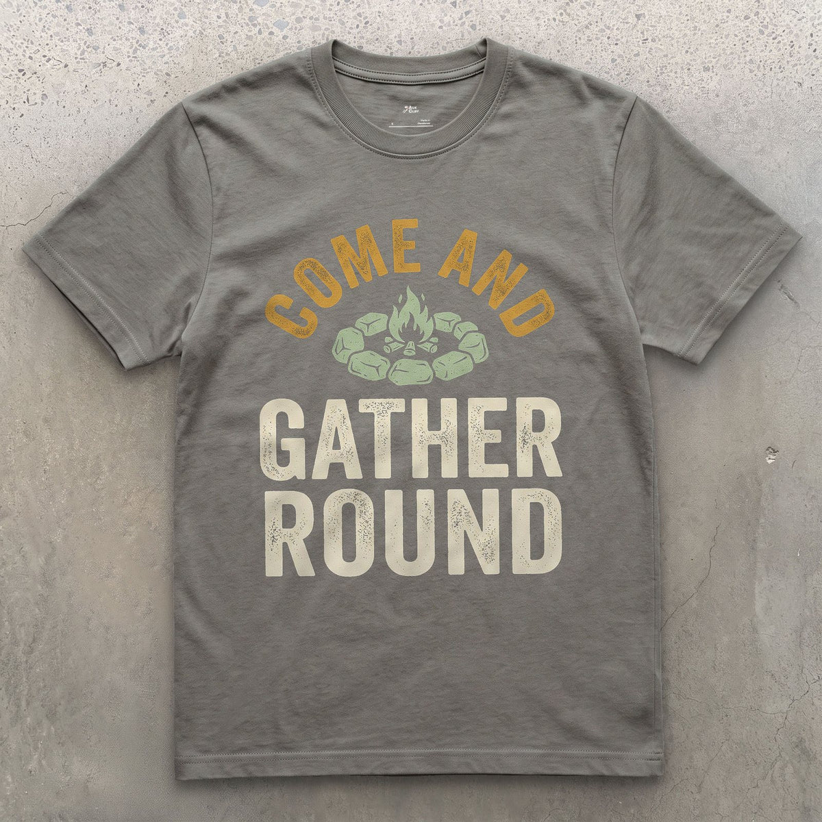 Come and Gather Round, Stone Ring Badge design on a Charcoal Gildan Softstyle t-shirt