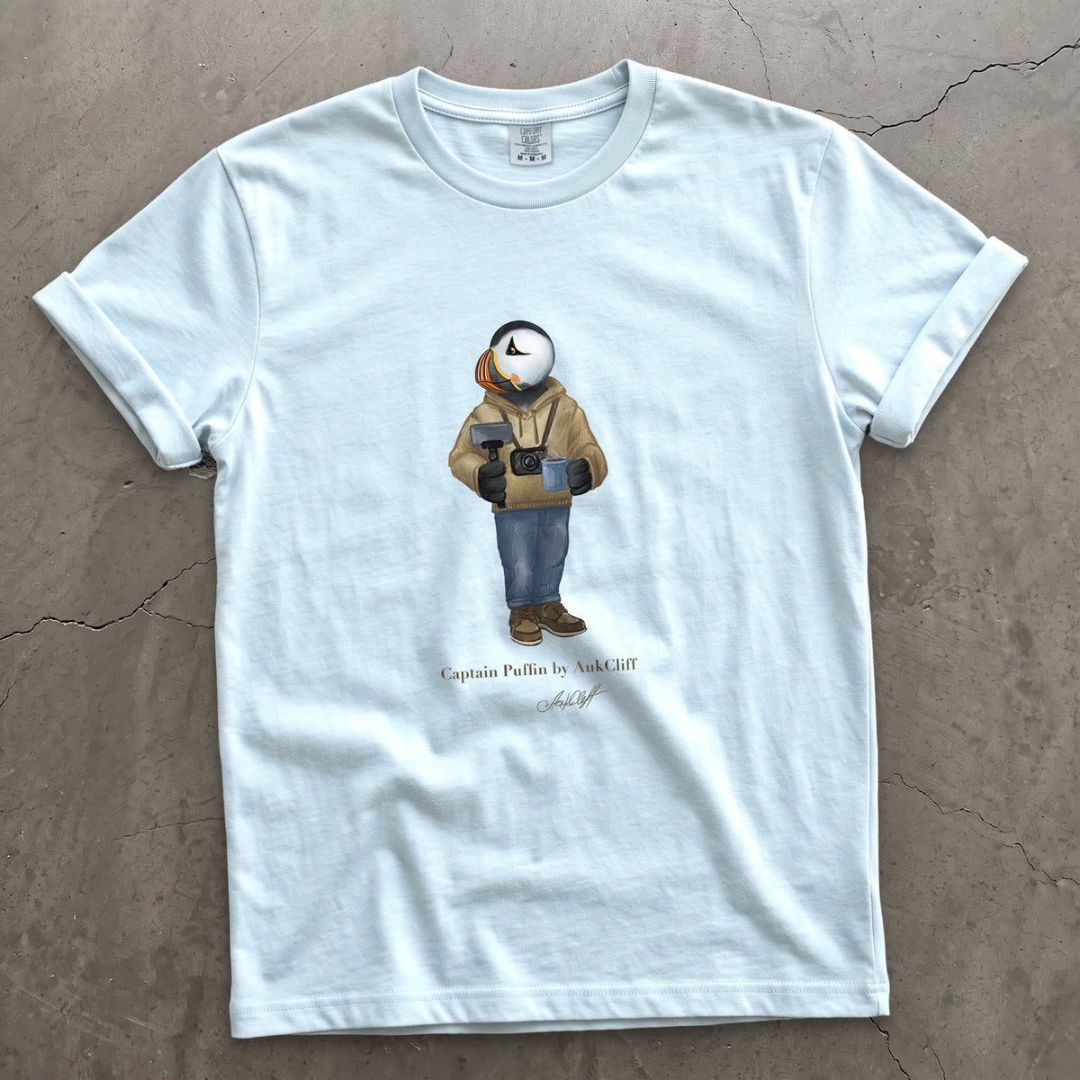 Captain Puffin Content Creator on a Chambray Comfort Colors t-shirt
