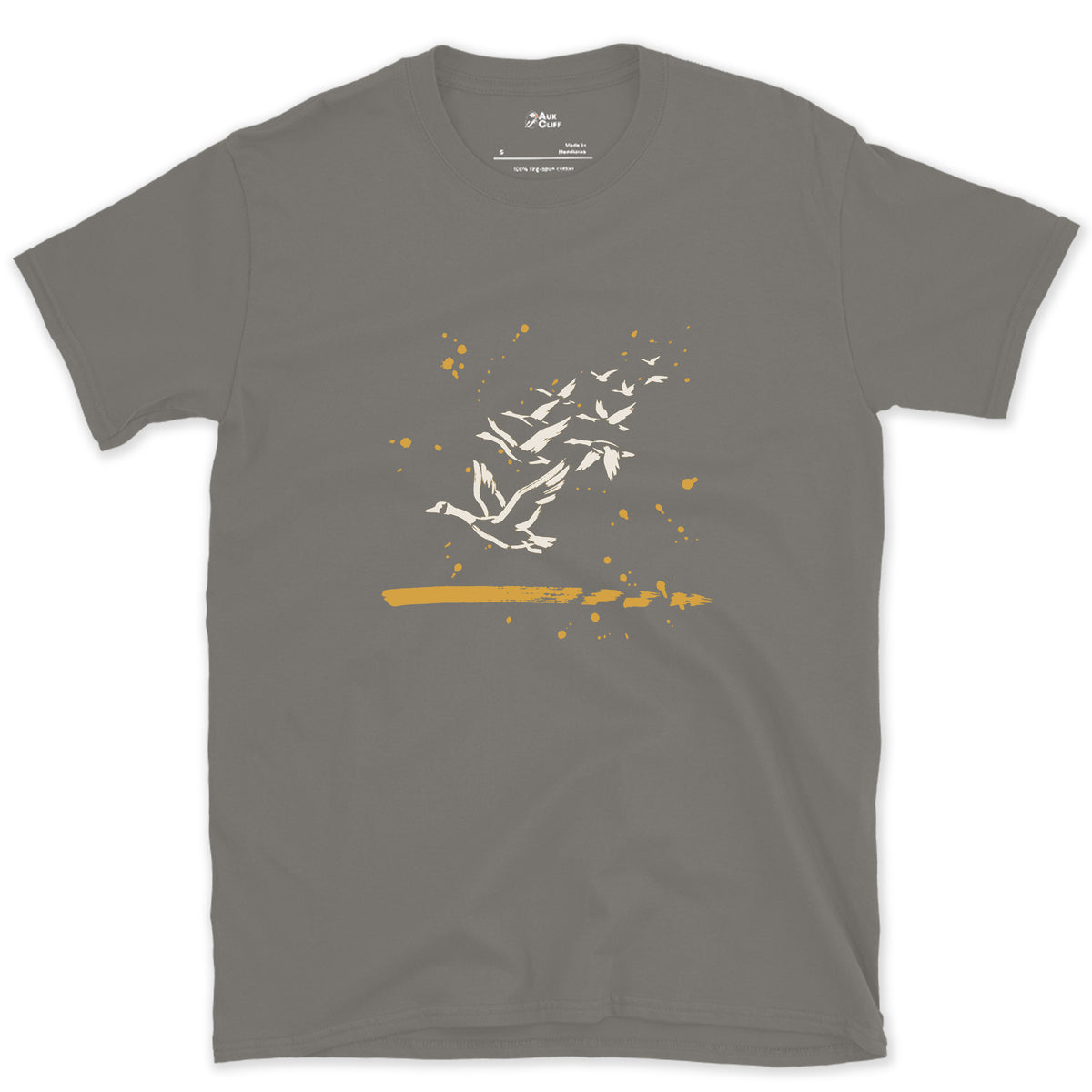 Count Them, Nine Geese design on a Charcoal Gildan Softstyle t-shirt