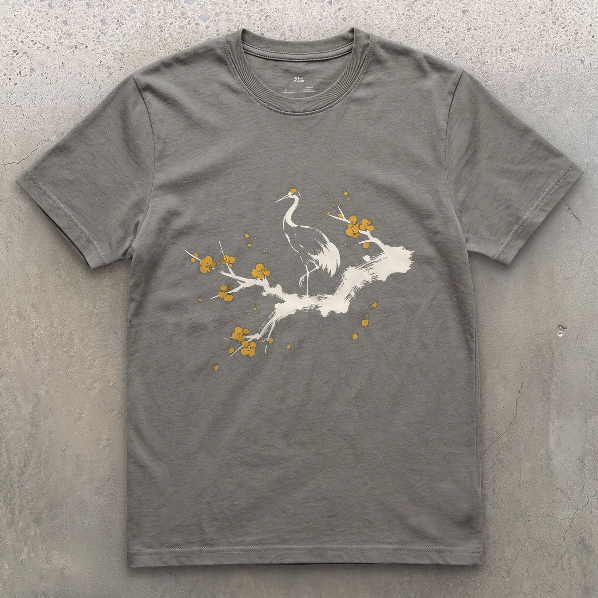 Crane in a Cherry Tree design on a Charcoal Gildan Softstyle t-shirt
