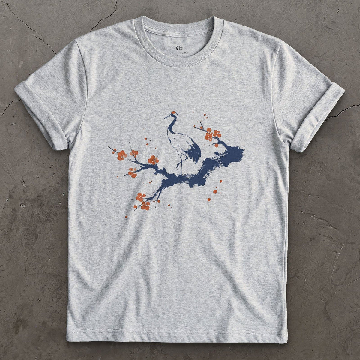 Crane in a Cherry Tree design on a Sport Grey Gildan Softstyle t-shirt