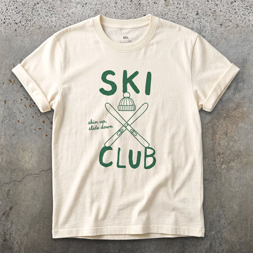 Ski Club Split Around Skis and a Beanie design on a Natural Gildan Softstyle t-shirt