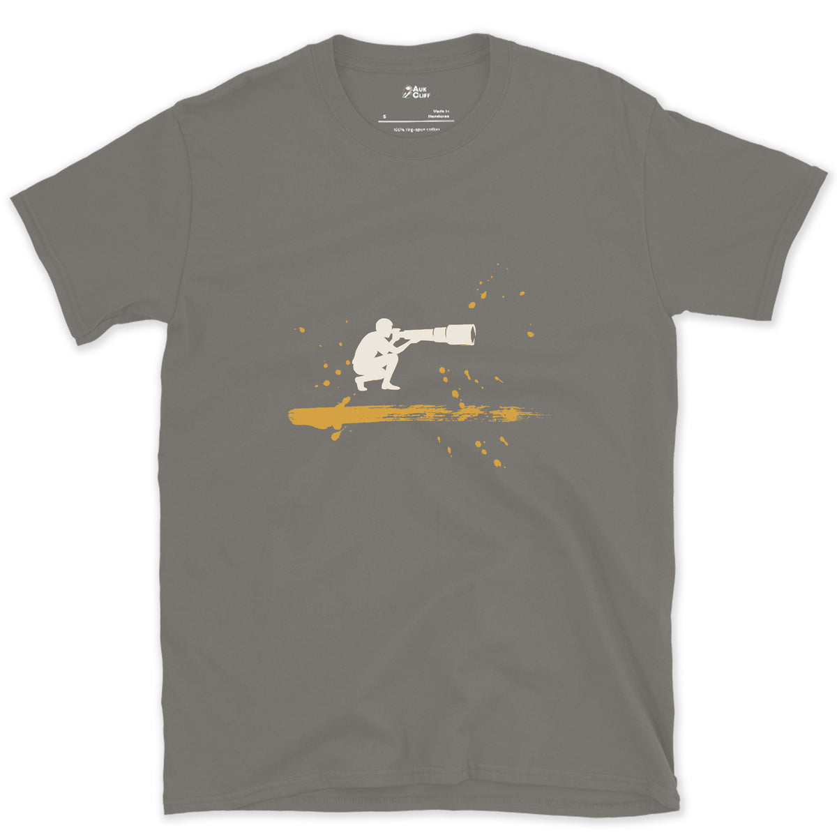 Crouched Behind the Lens design on a Charcoal Gildan Softstyle t-shirt