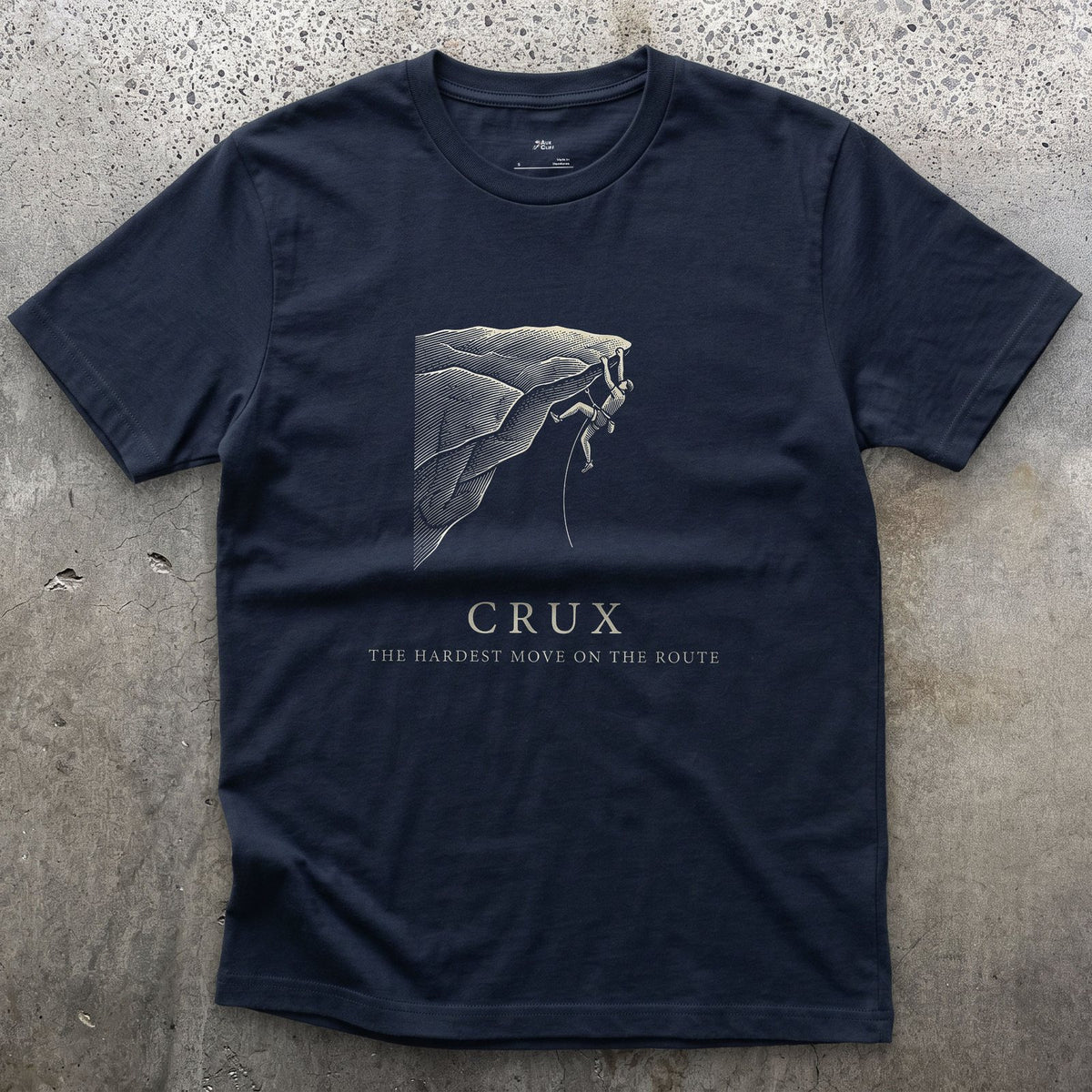 Crux Decides Whether the Climb Happens design on a Navy Gildan Softstyle t-shirt