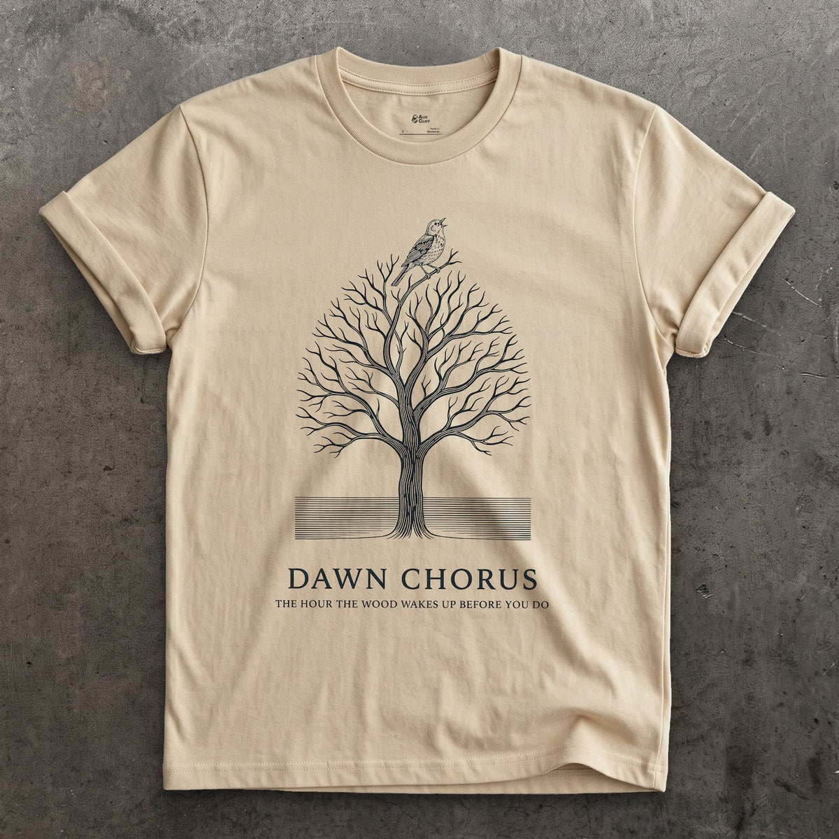 Dawn Chorus, the Hour the Wood Wakes Up Before You Do design on a Sand Gildan Softstyle t-shirt